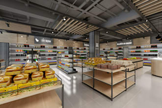 design realistic 3d supermarket interior, retail store, and grocery shop, mall