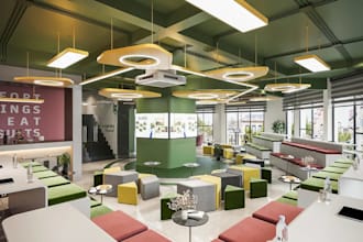 visualize 3d food office interior,functional showroom,modern workspace rendering