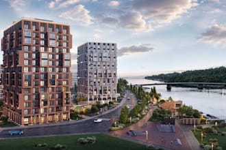 3d residential complex,urban living,public areas development,grey facades render