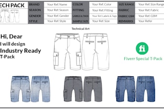 create industry ready tech pack flat sketch technical drawing for garment sector