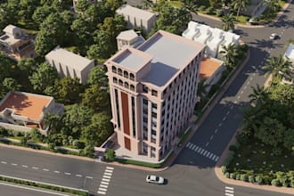3d multi storey residential building, aerial view render, urban landscape design