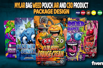 desigh unique weed pouch, mylar bag and cbd, jar product labels