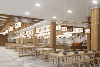 plan street cafe layout, japanese bar interior design, restaurants rendering