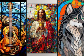 create fantasy stained glass art illustration for characters animals decors art