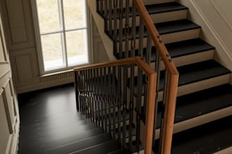 design detailed floating stairs, 3d modern visualization, handrail and full beme