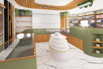 update 3d pharmacy store,clinic interior,shelving design,cgi cubicle reception