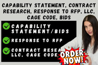 capability statement, contract research, response to rfp, llc, cage code, bids