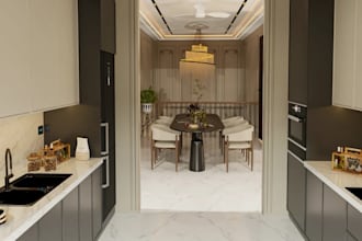 convert 2d plan into 3d modern kitchen interior render, dinner furniture layout