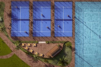 layout 3d resort paddle tennis court, cafe area,landscape design,badminton court