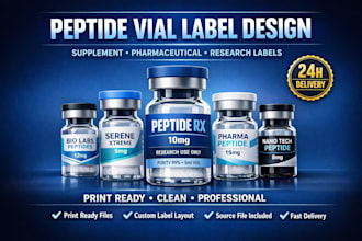 clean peptide vial label, supplement vial label, pharma bottle label with mockup