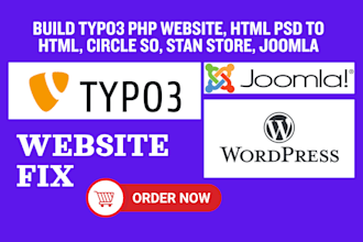 build typo3 PHP website, HTML PSD to HTML, circle so, stan store, joomla site123