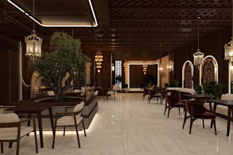 render commercial architecture space, seafood restaurant, cafe interior layout