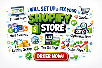 set up fix shopify store product pages catalog checkout multi currency tax seo