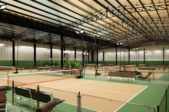 3d indoor pickleball court, sport facility, seating area,recreation space design