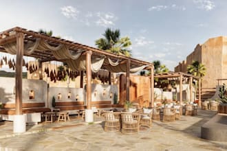 3d outdoor dinning space, render courtyard cafe, outdoor lounge area,walkthrough