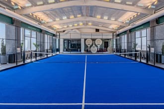 walkthrough 3d indoor rooftop paddle club,booth seating area design,racket sport