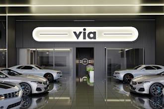 design 3d car showroom, car display center, car dealership, auto mobile workshop