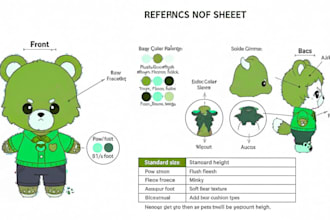 design plushie reference sheet custom stuffed animal with sewing pattern