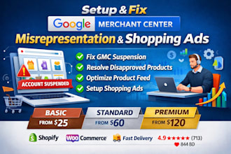 setup and fix google merchant center misrepresentation and shopping ads