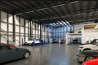 renew 3d luxury garage showroom, car warehouse interior,factory office rendering