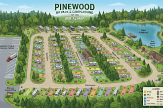 draw rv park map, campers, campgrounds lots and truck parking layout