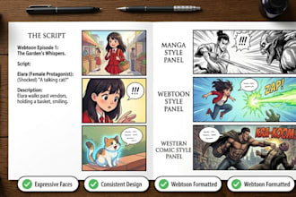 create webtoon, comic strip and manga panel illustration for your story