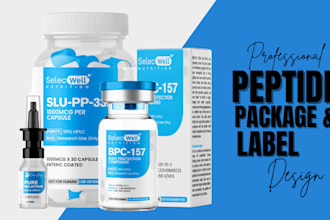design peptide vial label, supplement and pouch package, product label, 3d