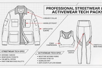 create professional streetwear and activewear tech packs for manufacturing