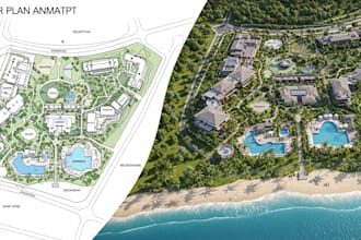 design 2d 3d, resort site, master plan, concept, landscape render, map animation