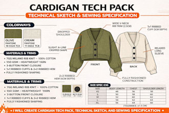create cardigan tech pack technical sketch hoodies and sewing specification