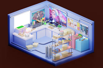 design custom low poly isometric 3d rooms or illustrations