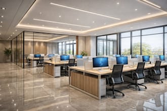 design modern office interior with realistic furniture and cgi rendering