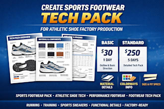 create sports footwear tech pack for athletic shoe factory production
