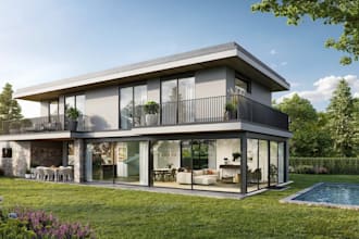 renew 3d livable house,duplex villa render,balcony,elegant living space, kitchen