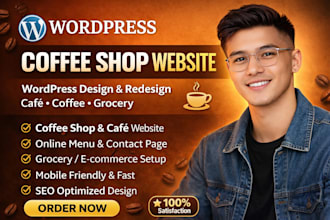 design wordpress coffe website, coffe shop, service page, home page, grocery web