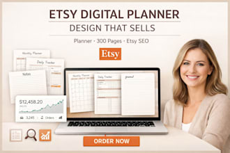 design etsy digital planner with 300 pages for etsy shop sales, etsy product seo
