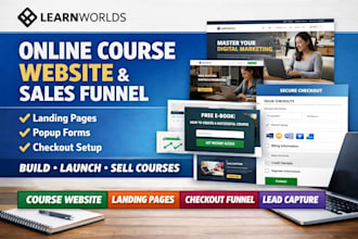 design learnworlds online course website, landing page, popups checkout funnel