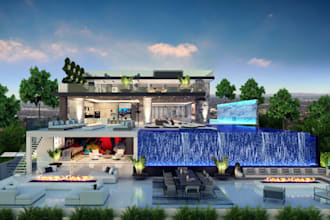 model luxury modern mansion exterior,house elevation,high end residential render