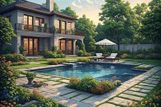 design landscape, terrace, backyard, pool, and patio
