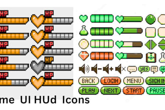 design custom pixel art ui hud icon gui elements props assets for game art