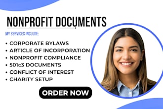 prepare nonprofit bylaws, articles of incorporation 501c3 compliance documents