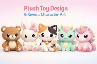 design plush toy cute character reference sheet kawaii flat sketch concept art