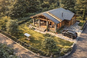 renovate3d log cabin,timber homes,gabled roof cottage,render cgi patio,landscape