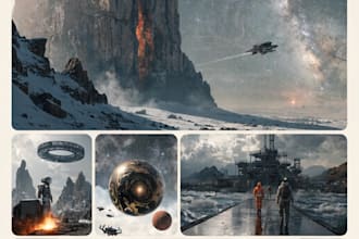 draw complete sci fi concept art package with characters
