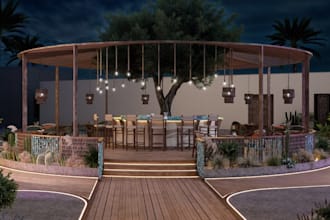 buildup 3d realistic outdoor restaurant,render cafe interior, layout dimensional