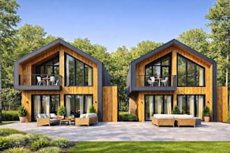 revit wooden farmhouse,duplex cabin,courtyard render,3d tropical villa,townhomes