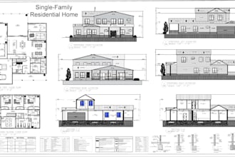 architect floor plan, siteplan, elevation, roof city permit blueprint in autocad