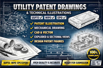 create utility patent technical drawing line drawing and patent illustration