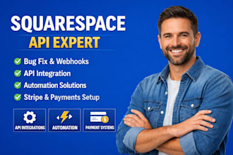 fix squarespace bugs, API integration, webhook setup, automation, stripe payment