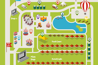 design a isometric 3d event map or illustrated maps